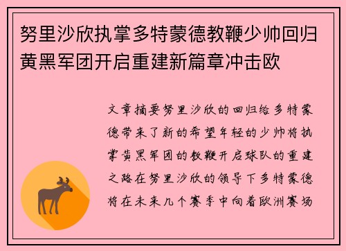 努里沙欣执掌多特蒙德教鞭少帅回归黄黑军团开启重建新篇章冲击欧